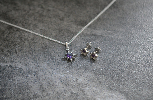 Amethyst Pendant Necklace and Star-Shaped Earrings Set in Sterling Silver