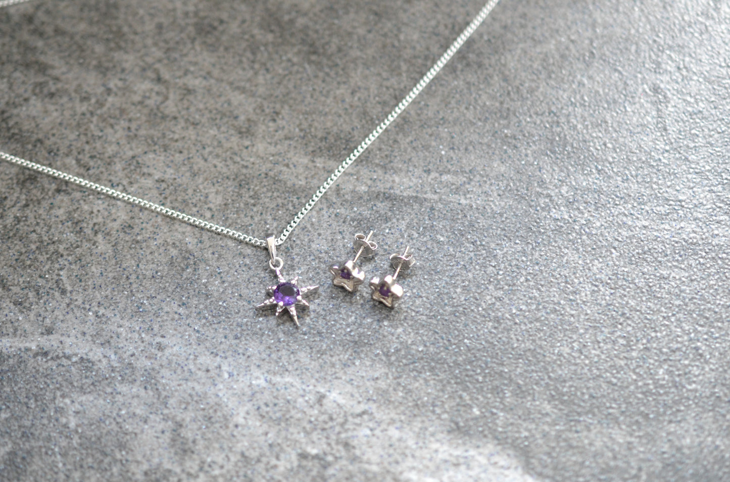 Amethyst Pendant Necklace and Star-Shaped Earrings Set in Sterling Silver