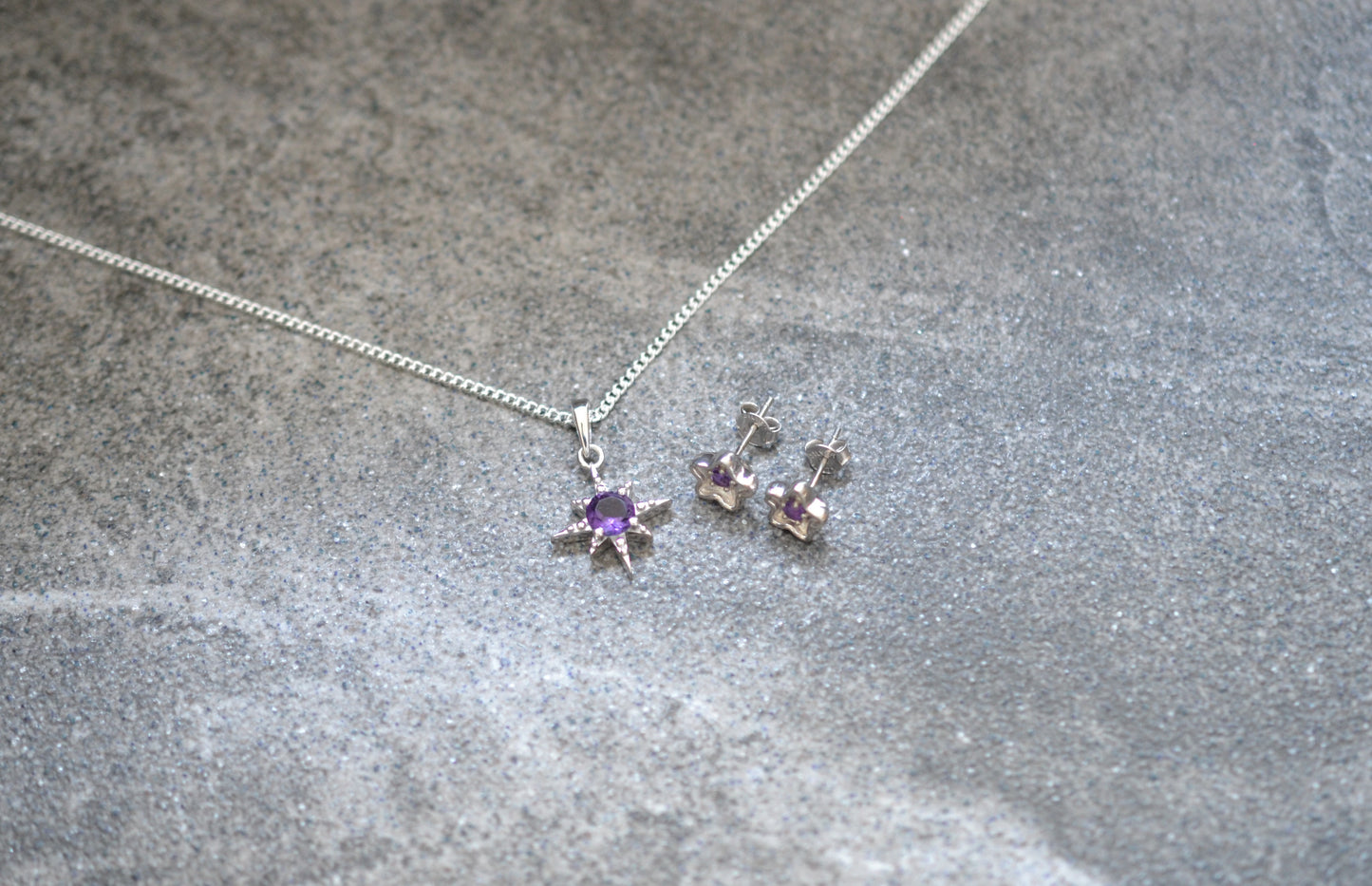 Amethyst Pendant Necklace and Star-Shaped Earrings Set in Sterling Silver