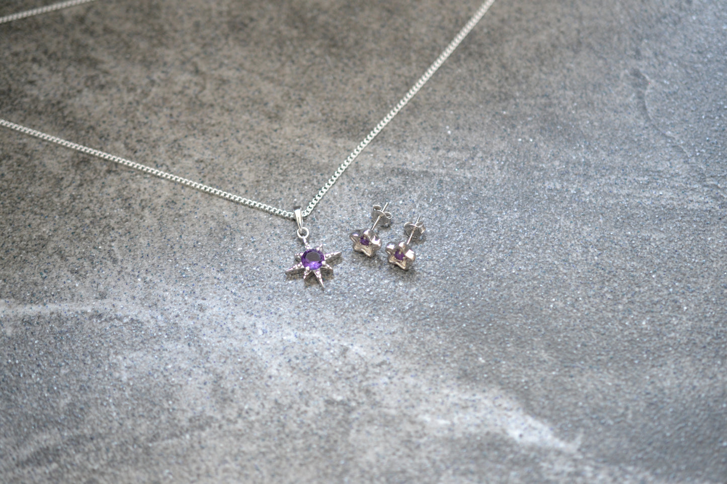 Amethyst Pendant Necklace and Star-Shaped Earrings Set in Sterling Silver