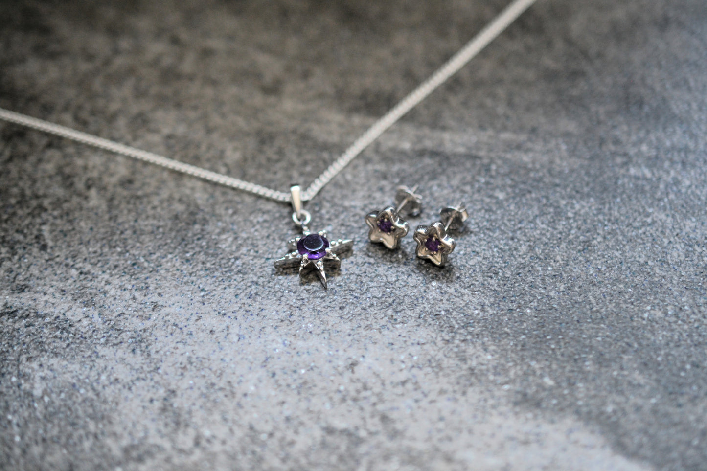 Amethyst Pendant Necklace and Star-Shaped Earrings Set in Sterling Silver