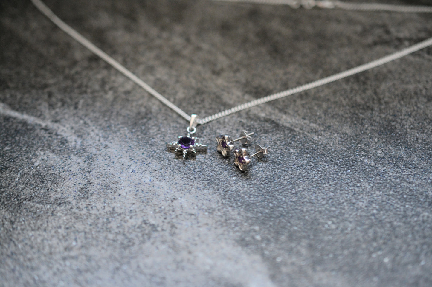 Amethyst Pendant Necklace and Star-Shaped Earrings Set in Sterling Silver