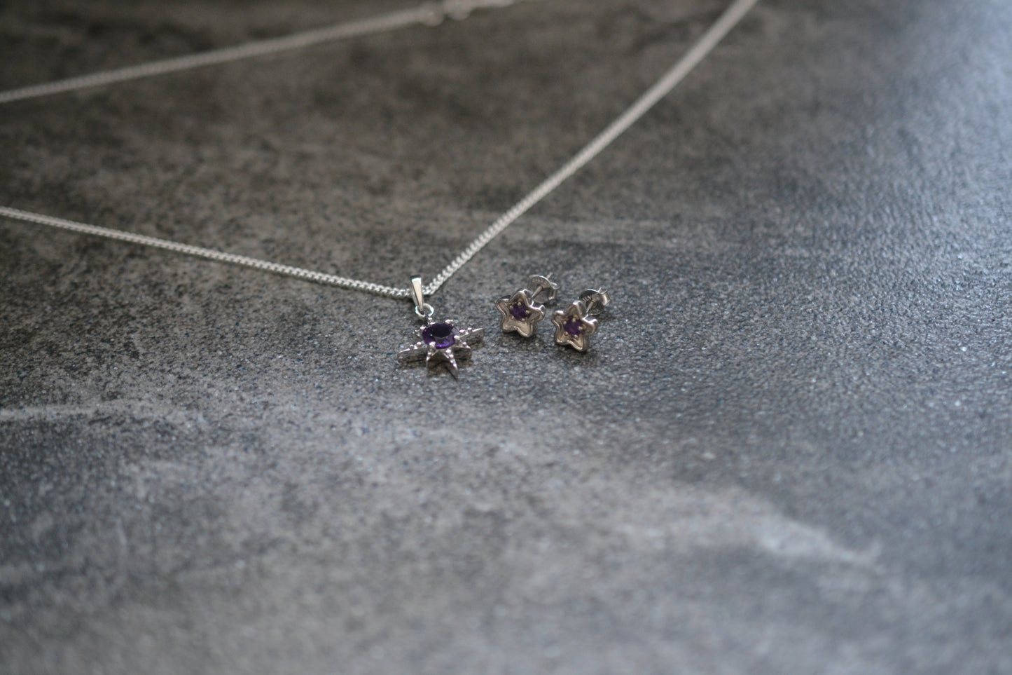 Amethyst Pendant Necklace and Star-Shaped Earrings Set in Sterling Silver