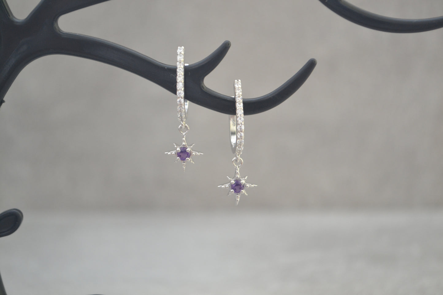 Sterling Silver Amethyst Star Dangle Drop Earrings