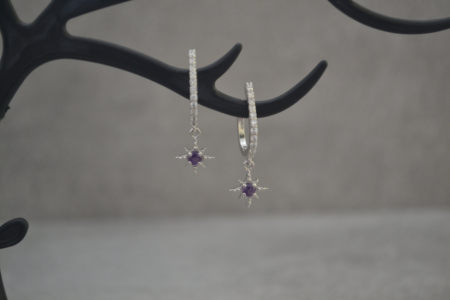 Sterling Silver Amethyst Star Dangle Drop Earrings