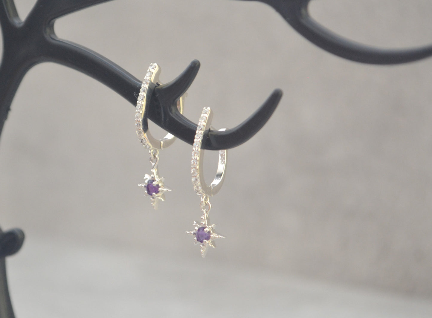 Sterling Silver Amethyst Star Dangle Drop Earrings