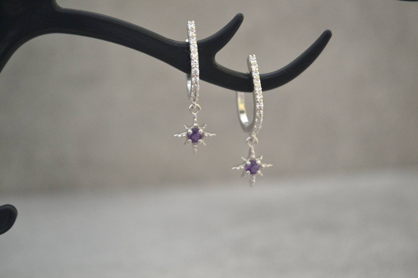 Sterling Silver Amethyst Star Dangle Drop Earrings