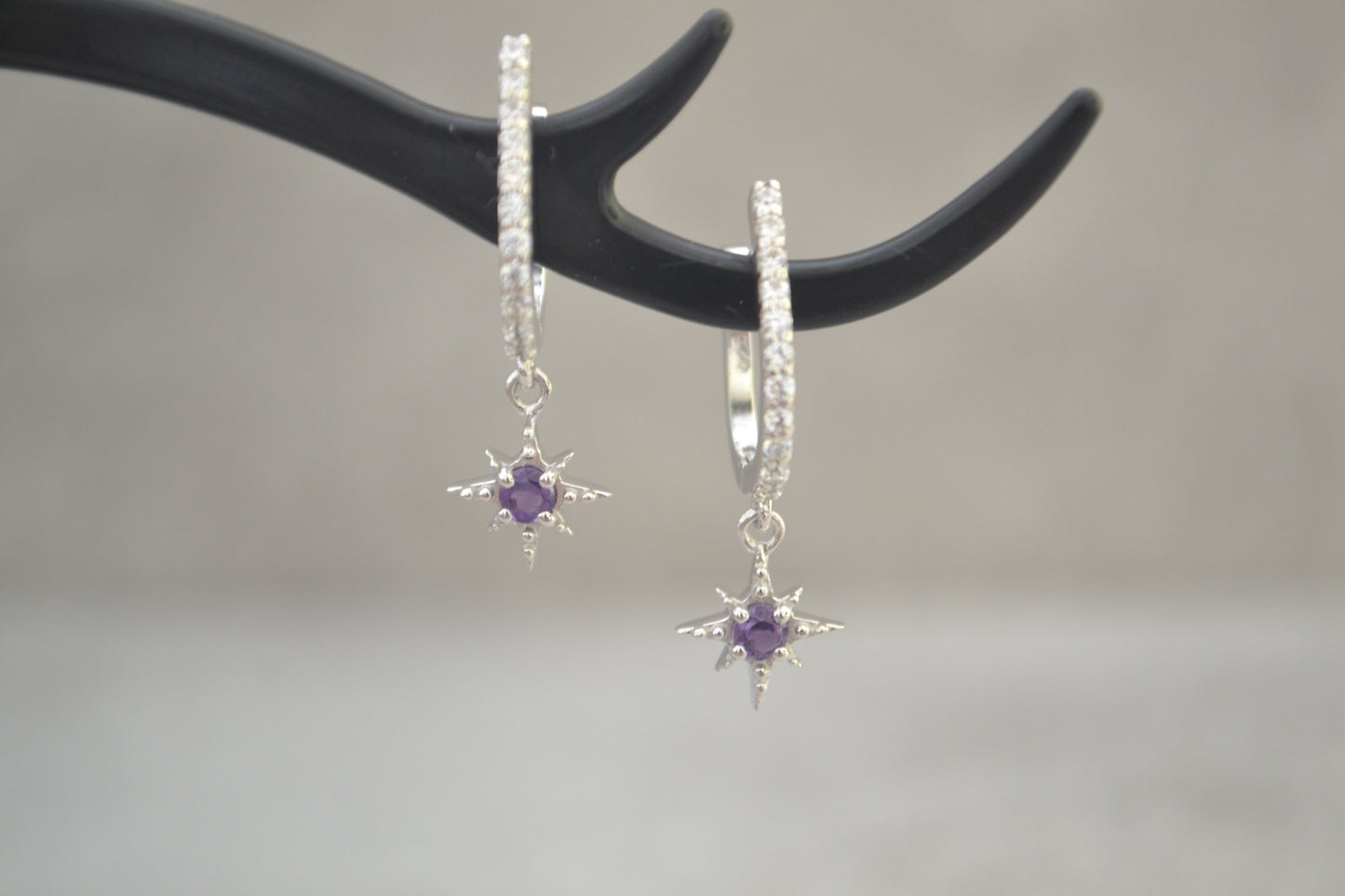 Sterling Silver Amethyst Star Dangle Drop Earrings