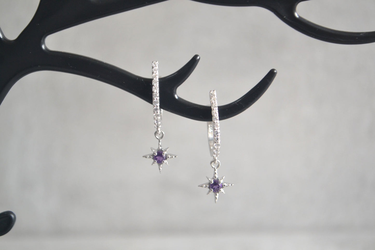 Sterling Silver Amethyst Star Dangle Drop Earrings