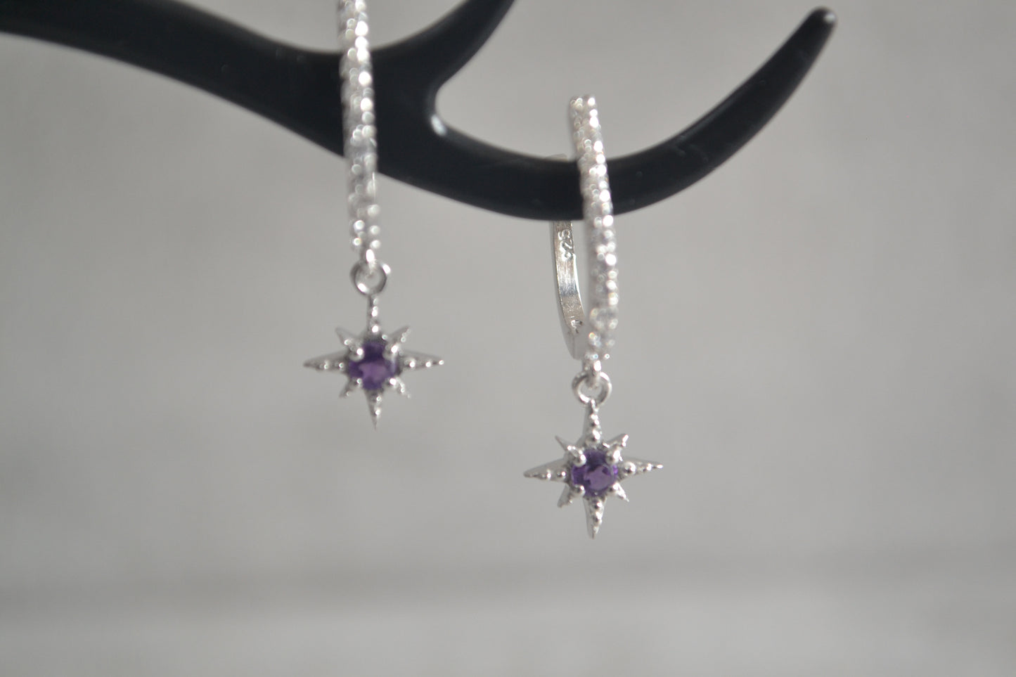 Sterling Silver Amethyst Star Dangle Drop Earrings