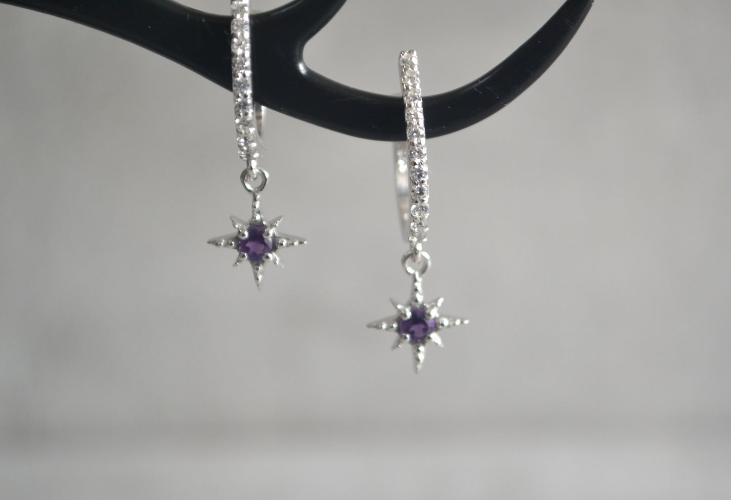 Sterling Silver Amethyst Star Dangle Drop Earrings