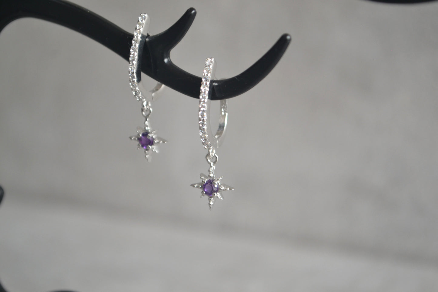 Sterling Silver Amethyst Star Dangle Drop Earrings