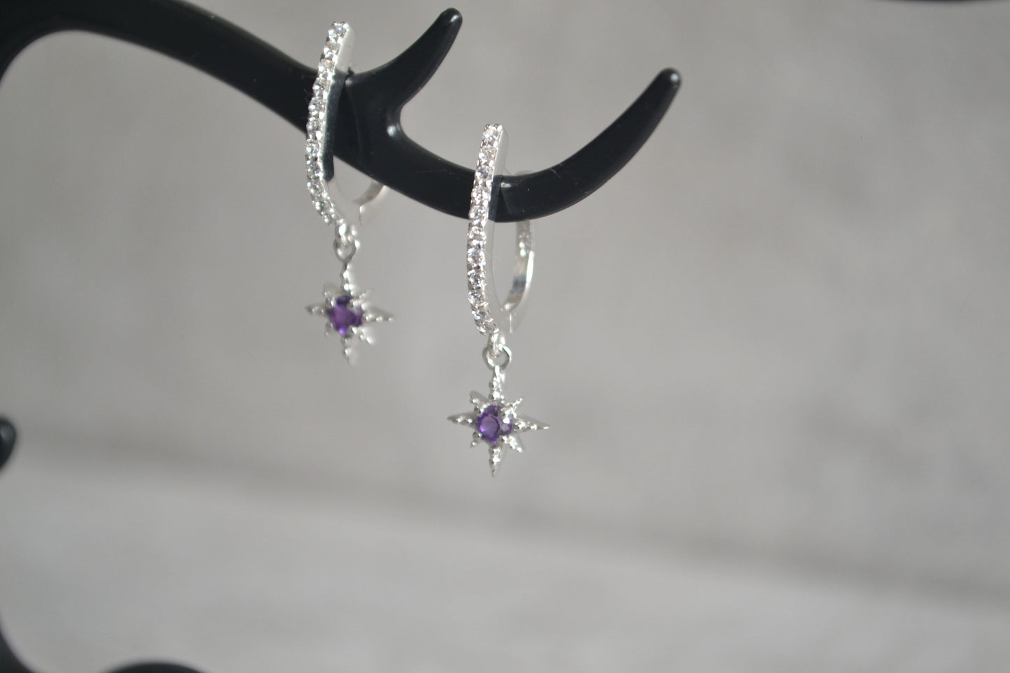 Sterling Silver Amethyst Star Dangle Drop Earrings