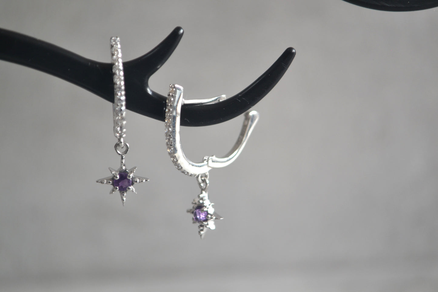 Sterling Silver Amethyst Star Dangle Drop Earrings