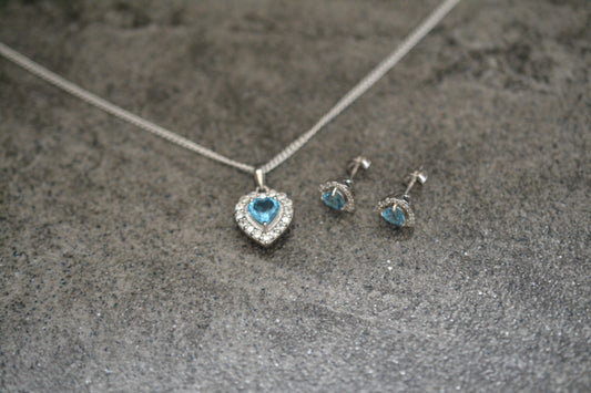 Sterling Silver Blue Topaz Heart-Shaped Pendant Necklace and Earrings Set