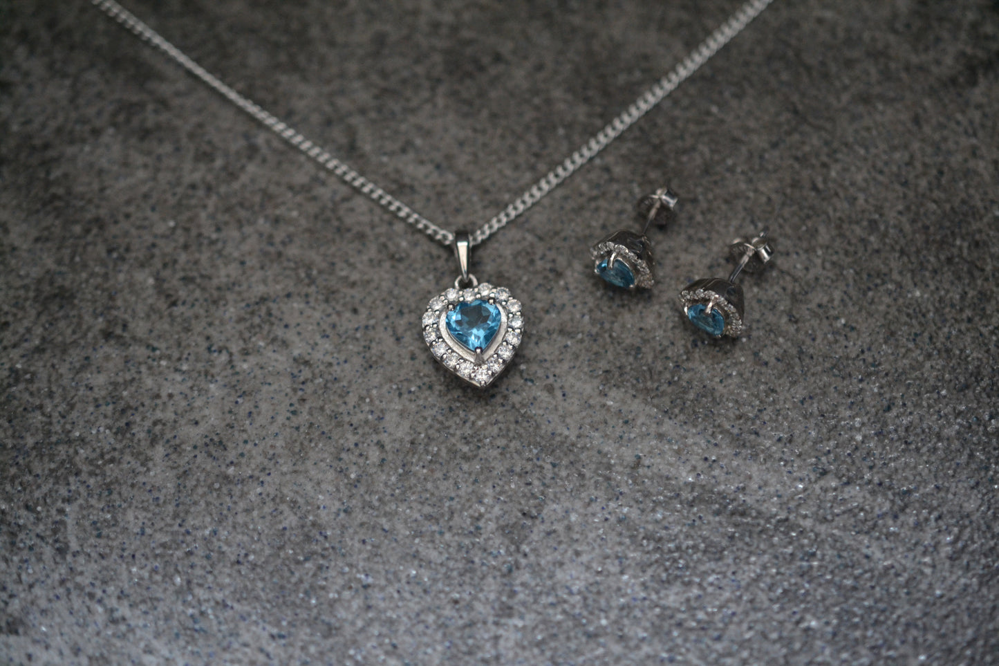 Sterling Silver Blue Topaz Heart-Shaped Pendant Necklace and Earrings Set