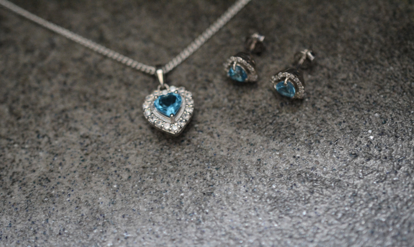 Sterling Silver Blue Topaz Heart-Shaped Pendant Necklace and Earrings Set