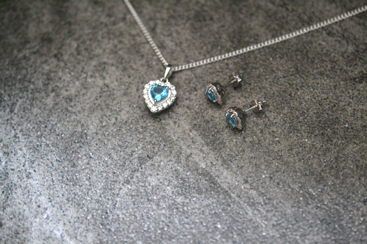 Sterling Silver Blue Topaz Heart-Shaped Pendant Necklace and Earrings Set