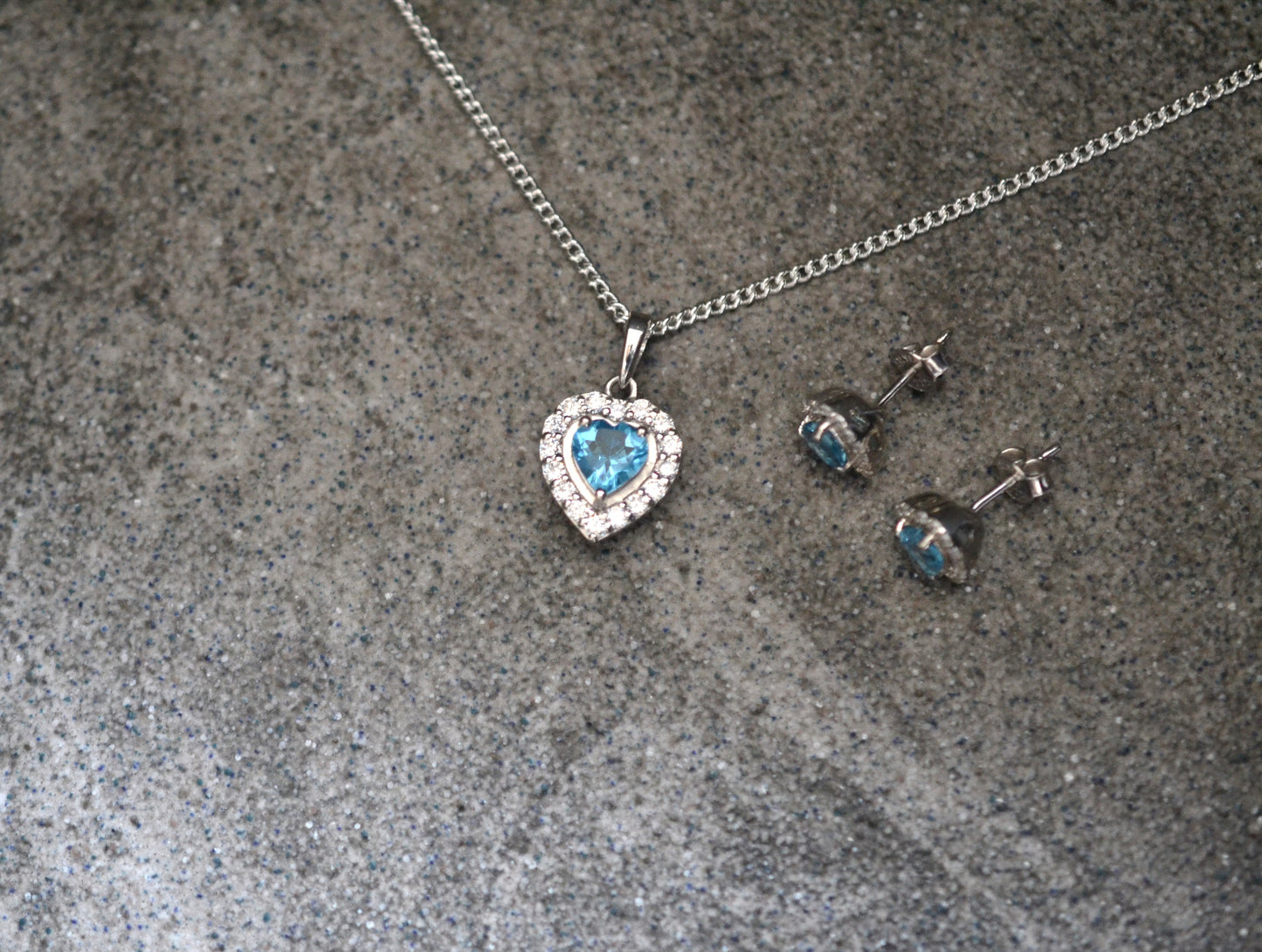 Sterling Silver Blue Topaz Heart-Shaped Pendant Necklace and Earrings Set