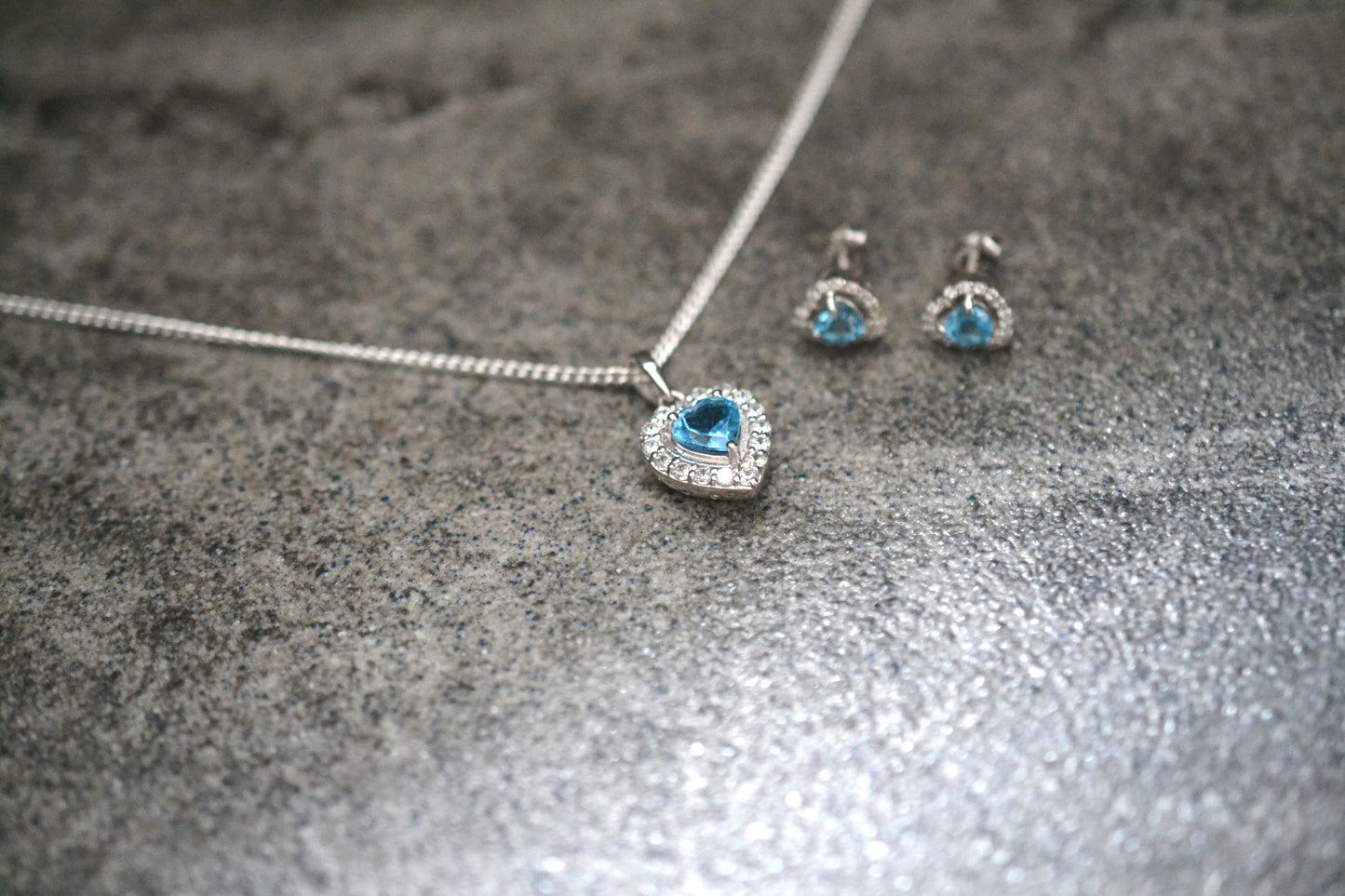 Sterling Silver Blue Topaz Heart-Shaped Pendant Necklace and Earrings Set